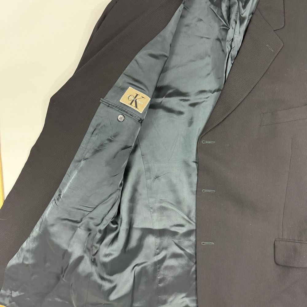 Vintage Calvin Klein Mens 48R Blazer Black Textured Ribbed Wool 3 Button USA - Picture 3 of 12